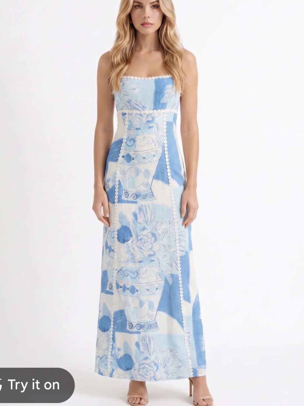 Mediterranean Blue Print Strapless Vacation Maxi Dress